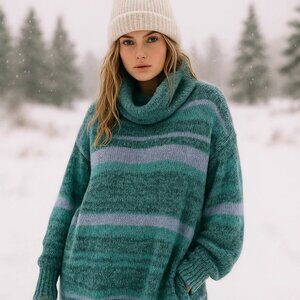 Free People Teal and Gray Cowl Neck Sweater